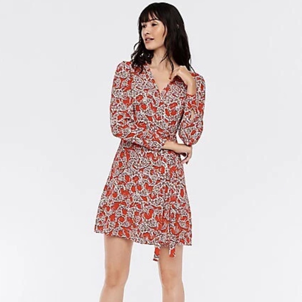 Diane Von Furstenberg Red Floral V-Neck Long Sleeve Dress